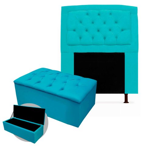 Kit Cabeceira Geovana + Calçadeira Baú Mirage Solteiro 100cm Suede - Ecotec Decor:Azul Turquesa