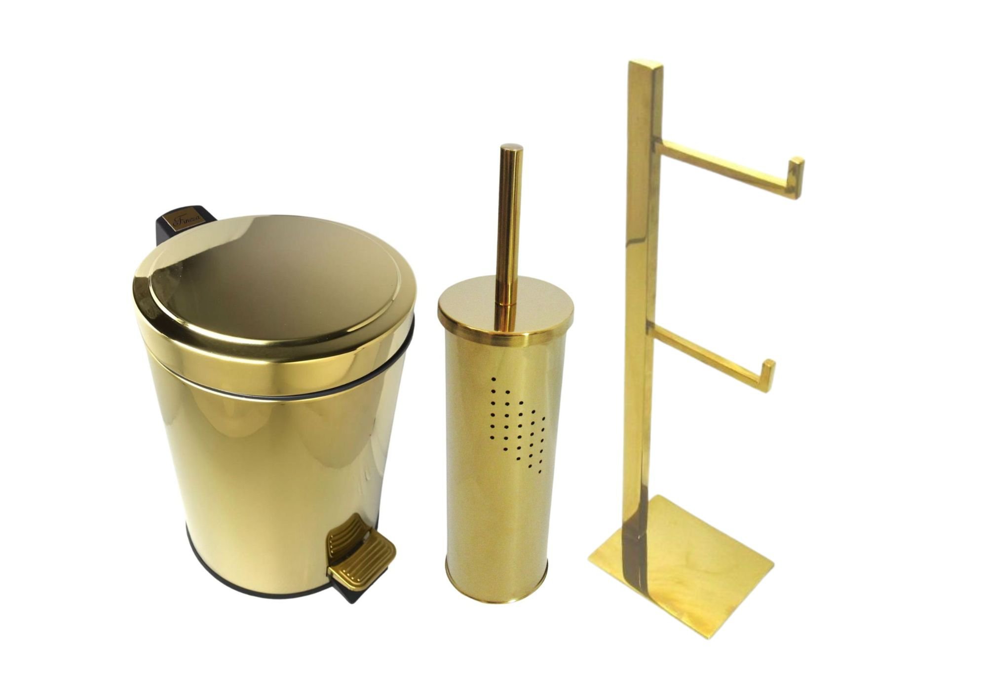 Kit Lavabo Inox Dourado Lixeira Escova sanitária e Porta Papel Fineza - 1