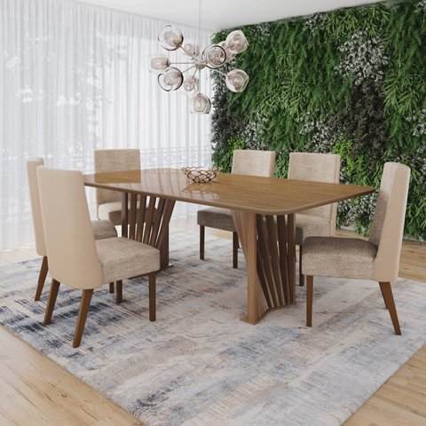 Conjunto Mesa Adriana 200cm com Vidro 6 Cadeiras Anne Marrom/Nature/Bege/Creme