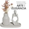 Kit 3pçs Decoração Estátua Pensadora Garrafa Tubo Listrada e Bandeja - Cinza - 5