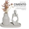 Kit 3pçs Decoração Estátua Pensadora Garrafa Tubo Listrada e Bandeja - Cinza - 3