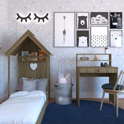 Conjunto Infantil com Cama e Escrivaninha Bege/Carvalho Mel