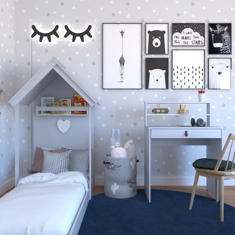 Conjunto Infantil com Cama e Escrivaninha Cinza/Cristal