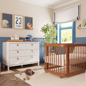 Berço 3 em 1 Evolutivo e Cômoda 6 Gavetas Linha Cromo Nogueira com Branco Quater