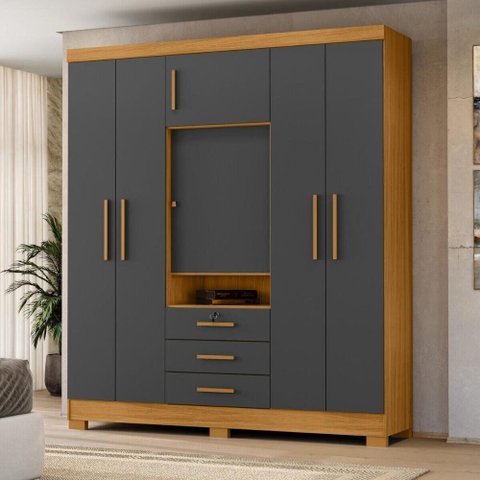Guarda-Roupa Casal com 6 Portas 3 Gavetas e Chave 179cm Multimóveis CR35673 Madeirado/Cinza