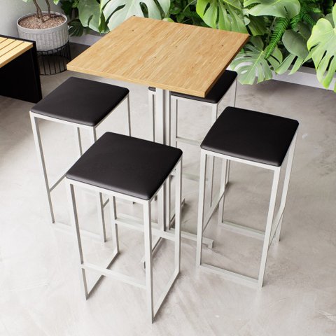 Conjunto Mesa Alta Bar Bistrô Quadrada Pinus 4 Bancos Estofado Industrial Black Don Castro Decor Ind