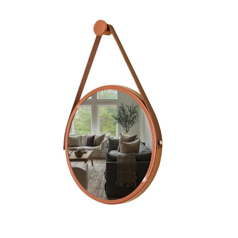 Espelho Redondo Decorativo Suspenso com Alça 30cm + Suporte Cobre Alça Caramelo