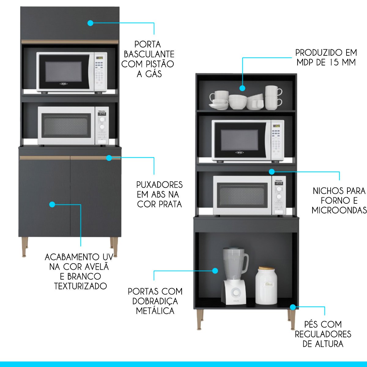 Armário Cozinha para Forno e Microondas Sabrina 80 Cm Mdp Preto Texturizado 0453 - Menu - 2