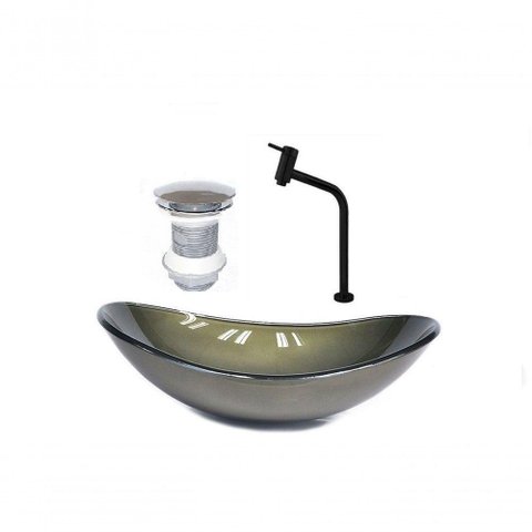 Cuba de Vidro Oval 47cm Ouro + Valvula + Torneira Preta