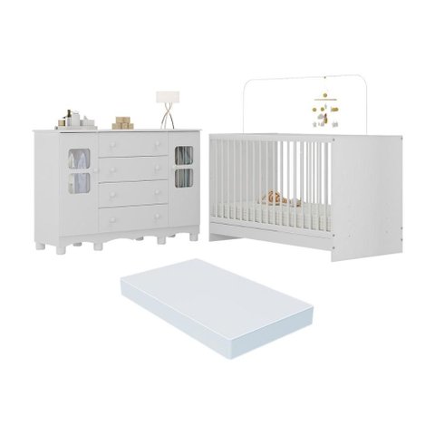 Berço 3 em 1 com Colchão Incluso e Cômoda 2 Portas 4 Gavetas Luna Multimóveis Mp4758 Branco