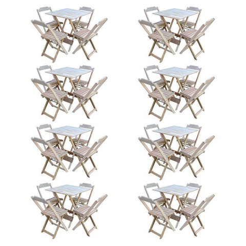 Kit 8 Conjuntos De Mesa Com 4 Cadeiras De Madeira Dobravel 70X70 Sem Pintura/Crua - Marrom