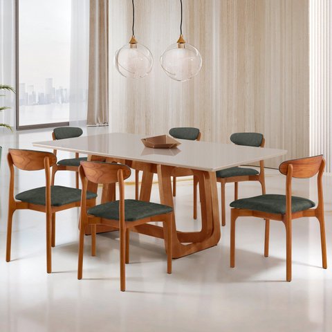 Conjunto Sala de Jantar Mesa Madeira Maciça Genova 6 Cadeiras Monaco Marrom/Jade/Cinamomo Imbuia/Off