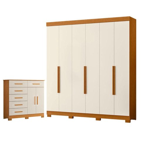 Guarda Roupa Casal Vinci 06 Portas e Cômoda Xangai Cinamomo Off White - Móveis Albatroz