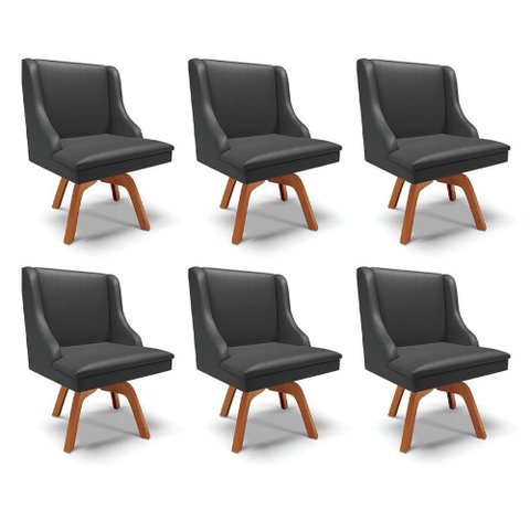 Kit 6 Cadeiras Decorativas Sala de Jantar Base Giratória de Madeira Firenze Pu Preto Fosco/natural