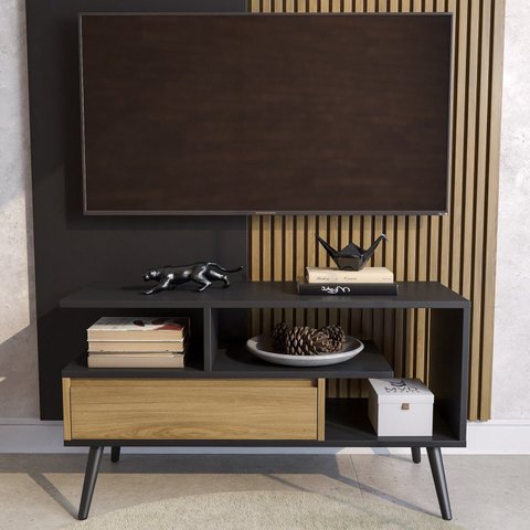 Rack Retrô para TV até 55 Polegadas MDF 90cm Pés em Madeira Maciça Aparador com Porta Nicho Prateleira Palito Retro Preto/Freijó