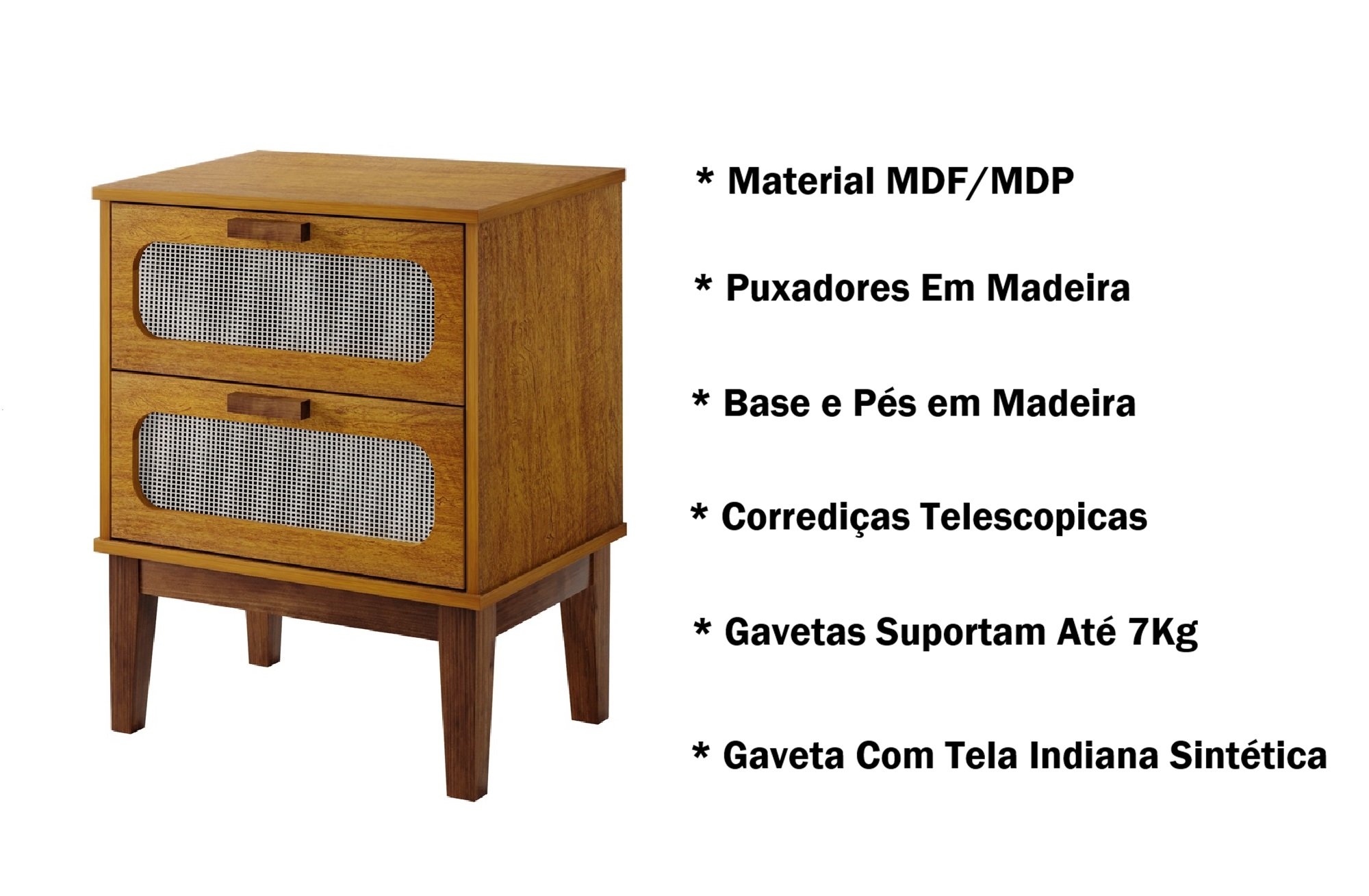 Conjunto de Mesa de Cabeceira Estilo Retro com Pes de Madeira Alto Padrão Marrom Nature - 2