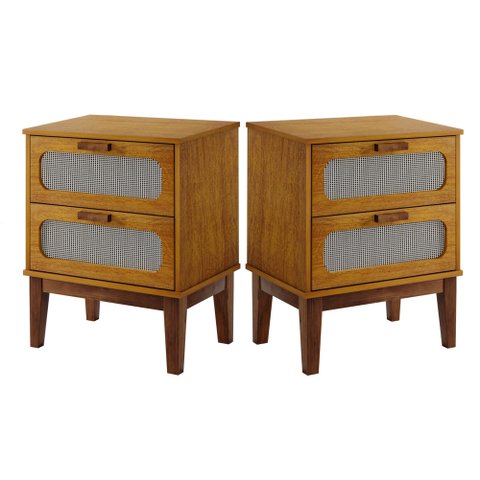 Conjunto de Mesa de Cabeceira Estilo Retro com Pes de Madeira Alto Padrão Marrom Nature