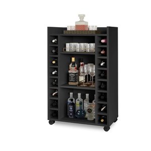 Aparador Bar Adega para 16 Garrafas 3 Nichos Rodízios Belgica:preto Fosco