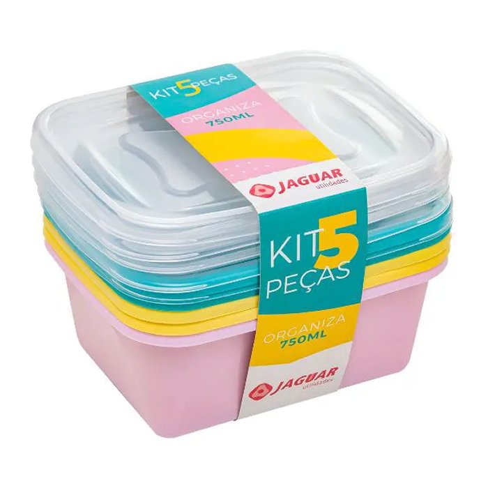 Kit 5 Potes Multiusos Organizadores com Tampa - 750ml - Conjunto de Pote Jaguar - 5pc Retangular 750 - 2