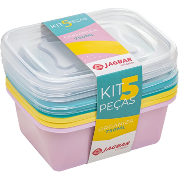 Kit 5 Potes Multiusos Organizadores com Tampa - 750ml - Conjunto de Pote Jaguar - 5pc Retangular 750