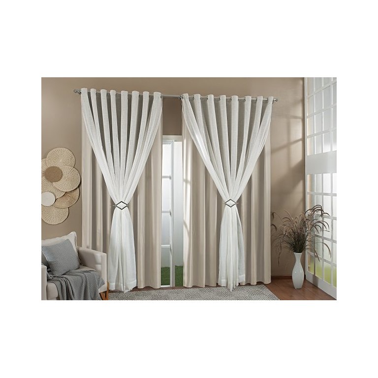 Cortina Gaze De Linho Forro Blackout 3,00x2,50 Sala E Quarto Palha/Marfim