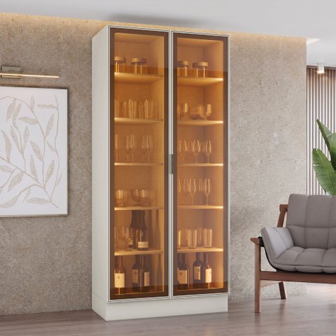 Cristaleira 100cm 2 Portas com LED e Vidro Reflecta Temperado 100% MDF Fizneze Bege/Areia HP