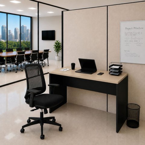 Conjunto Mesa de Escritório 120x60cm + Cadeira Ergonômica Reclinável Sistema Syncron Pistão Classe 4