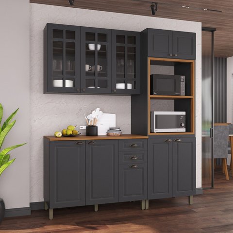 Cozinha Modulada 3 Peças 1 Torre Quente 1 Balcão com Tampo 1 Aéreo 100% MDF com Vidro Bari