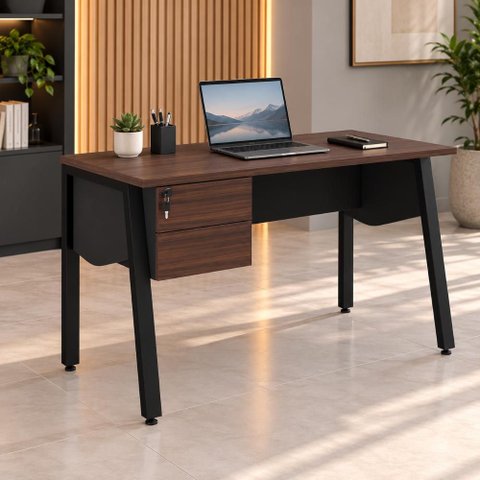 Mesa Escrivaninha 150cm x 60cm com Gaveteiro Suspenso e Tampo Chanfrado F5 Office Cor:Louro Preto