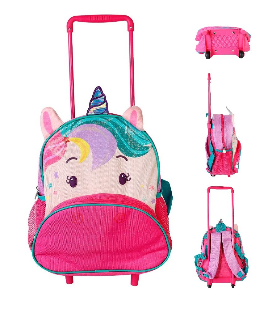 Mochila Escolar Infantil Rodinhas Unicórnio Roxo Diversão