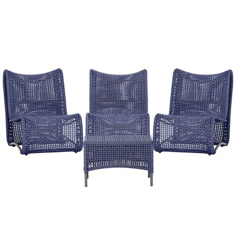 3 Poltronas e Mesa Texas em Alumínio Pintura Preta Corda Náutica Trama Original