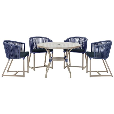 Mesa com 4 Cadeiras de Jantar Roma 100cm e Noronha em Aluminío Fendi Corda Nautica Estofado 12 Trama