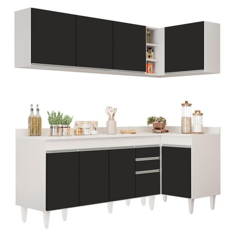 Armário de Cozinha Modulado de Canto Esquerdo 4 Peças Cp50 Balcão com Tampo Branco-preto - Lumil