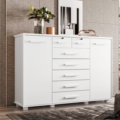 Cômoda Cartago 7 Gavetas MDP Puxador MDF Branco Fosco Liso com Cabideiro Alumínio 160cm Albatroz