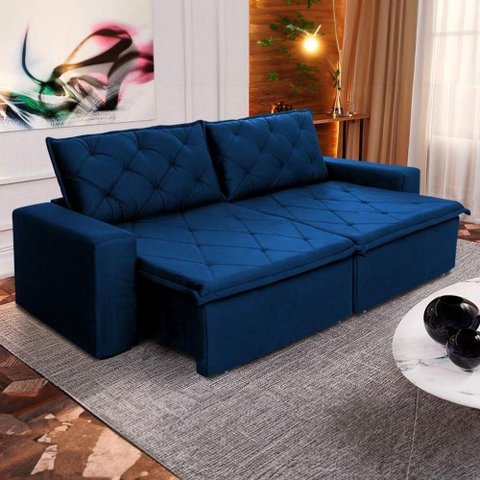 Sofá Cama Bangkok sem Caixa 2,50m Retrátil e Reclinável com Molas Velut Azul- King House