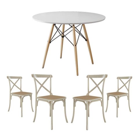 Jogo de Mesa Eiffel Redondo Tampo de Madeira 110cm Branco com 4 Cadeiras Katrina Off Whiteo B