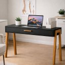 Ver imagem 1 de Mesa Escrivaninha Aparador Pés Madeira Quarto Estudo 90x40 Preto/freijó