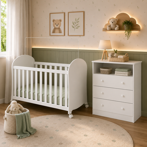 Kit Berço e Cômoda Peroba Smim Cor Branco Quarto Infantil