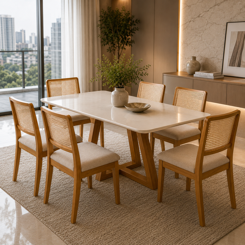 Cojunto Mesa com 6 Cadeiras Linho Bege Moderno Pérola e Rubi