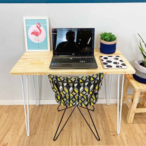 Mesa para Escritório Hairpin Industrial Natural e Branco