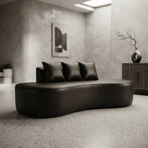 Sofá Tóquio Puff Orgânico Corino 200cm com 3 Almofadas Design Curvo Luxo para Sala e Recepção:Preto