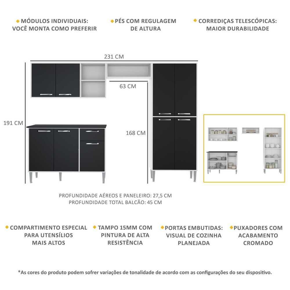 Cozinha Compacta com Armário e Balcão Xangai Multimóveis VM2840 Branca/Preta - 2