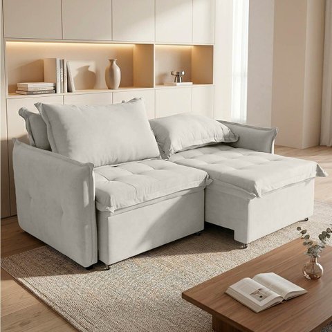 Sofá Cama 2 Lugares Singapura Reclinável 190cm em Bouclê com Catraca Reforçada e 2 Almofadas:Bege Cl