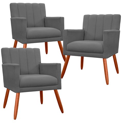 Kit 3 Poltrona Decorativa Miami Cinza para Sala de Estar Recepção