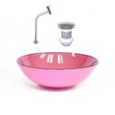 Ver imagem 1 de Cuba de Vidro Redonda 42cm Rosa + Valvula + Torneira Cromada