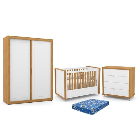 Dormitório Tutto New 2 Portas, Cômoda 4 Gavetas e Berço Branco Soft/Freijó com Colchão - Matic Móvei