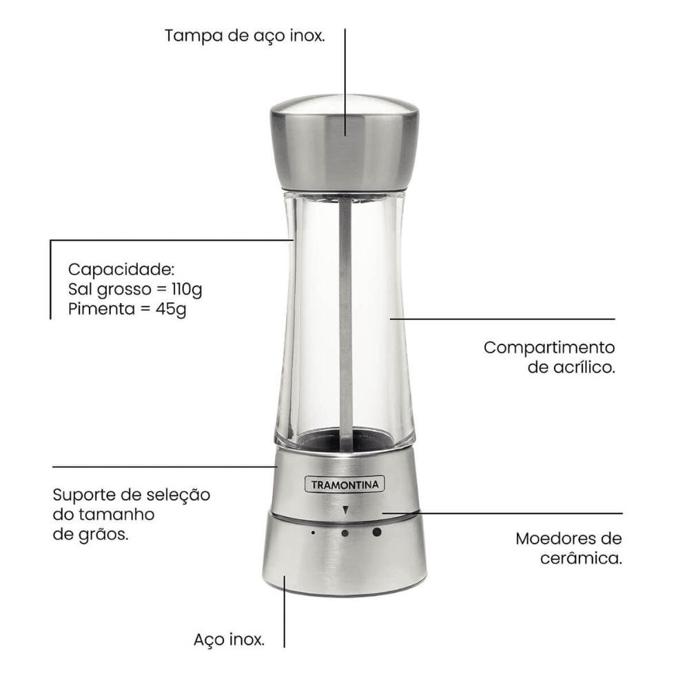 Kit 2 Moedores de Sal ou Pimenta Tramontina com Regulagem do Grão Aço Inox Realce - 5