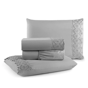 Jogo de Cama Bordado Inglês Queen Adomes Cinza.