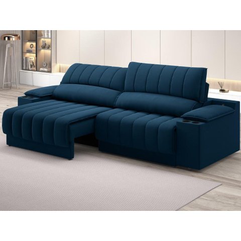 Sofá com Porta Copos Carregador USB Ret Rec Murano 2,30m Velosuede Petróleo - NETSOFAS