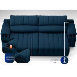 Sofá com Porta Copos Carregador USB Ret Rec Murano 2,30m Velosuede Petróleo - NETSOFAS - 7